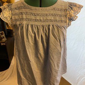 Chambray Top with Embroidered Flutter Sleeve